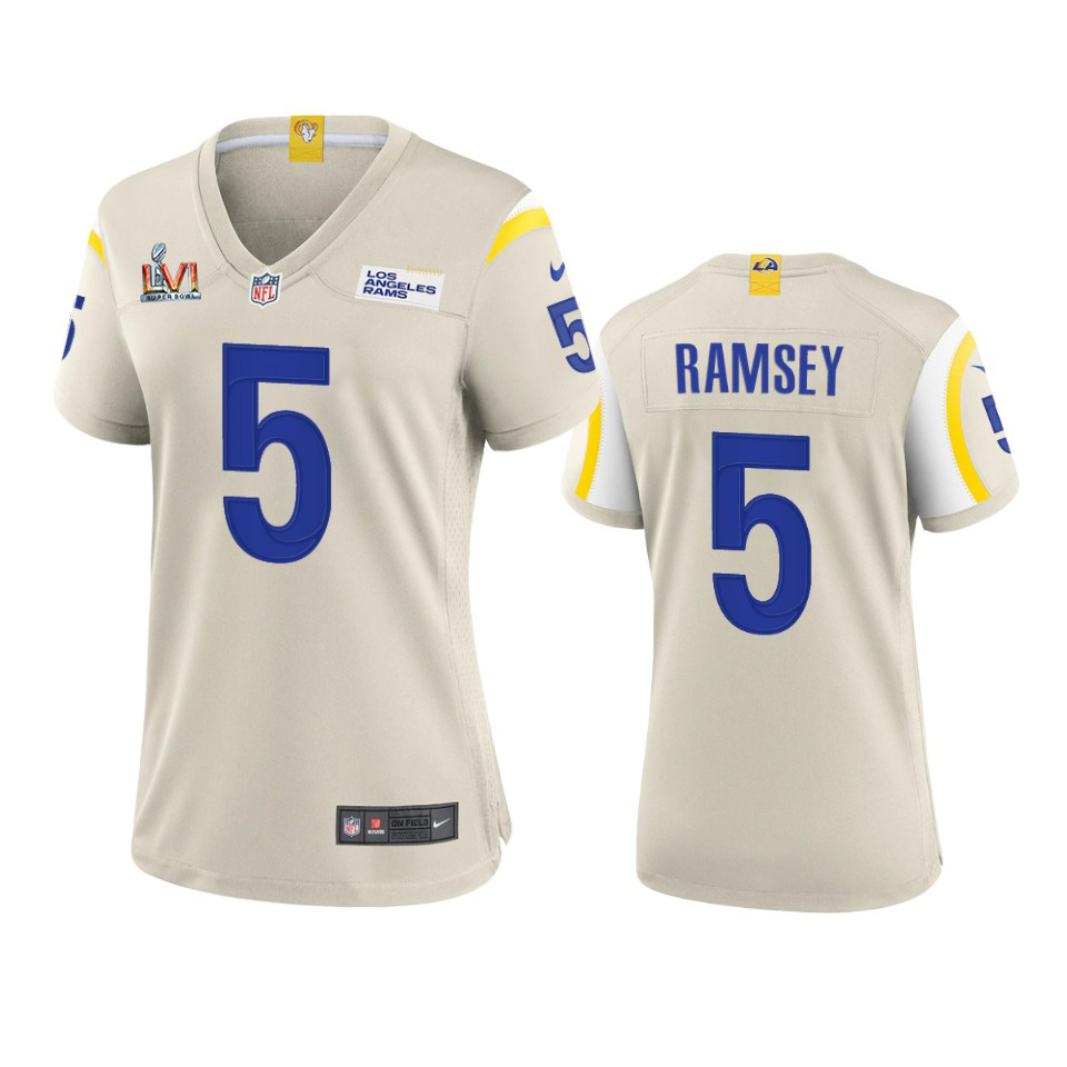 Los Angeles Rams #5 Jalen Ramsey Women's Super Bowl LVI Patch Game Jersey - Bone