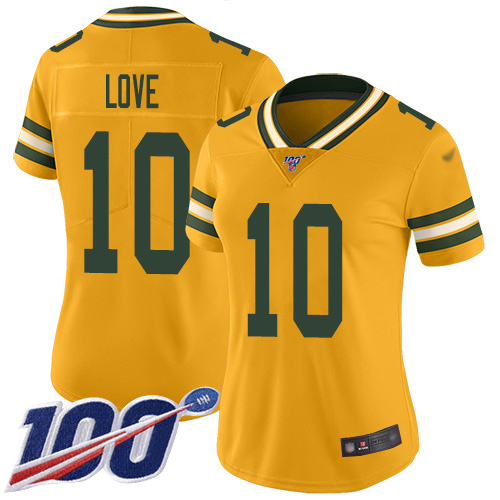 Packers #10 Jordan Love Gold Women's Stitched Limited Inverted Legend 100th Season Jersey