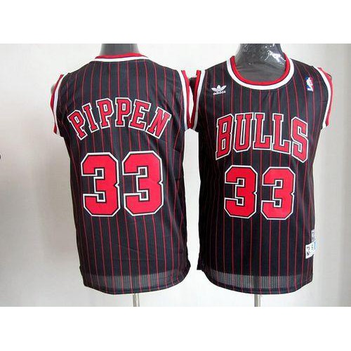 Chicago Bulls #33 Scottie Pippen Black With Red Strip Throwback Stitched Jersey Mens