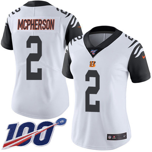 Bengals #2 Evan McPherson White Women's Stitched Limited Rush 100th Season Jersey