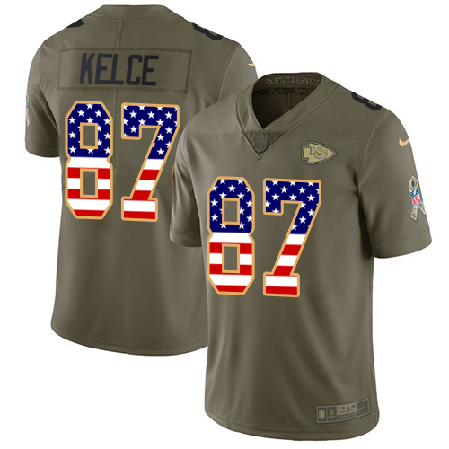 Chiefs #87 Travis Kelce Olive/USA Flag Men's Stitched Limited 2017 Salute To Service Jersey