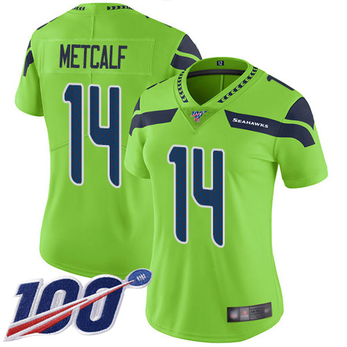 Seahawks #14 D.K. Metcalf Green Women's Stitched Limited Rush 100th Season Jersey