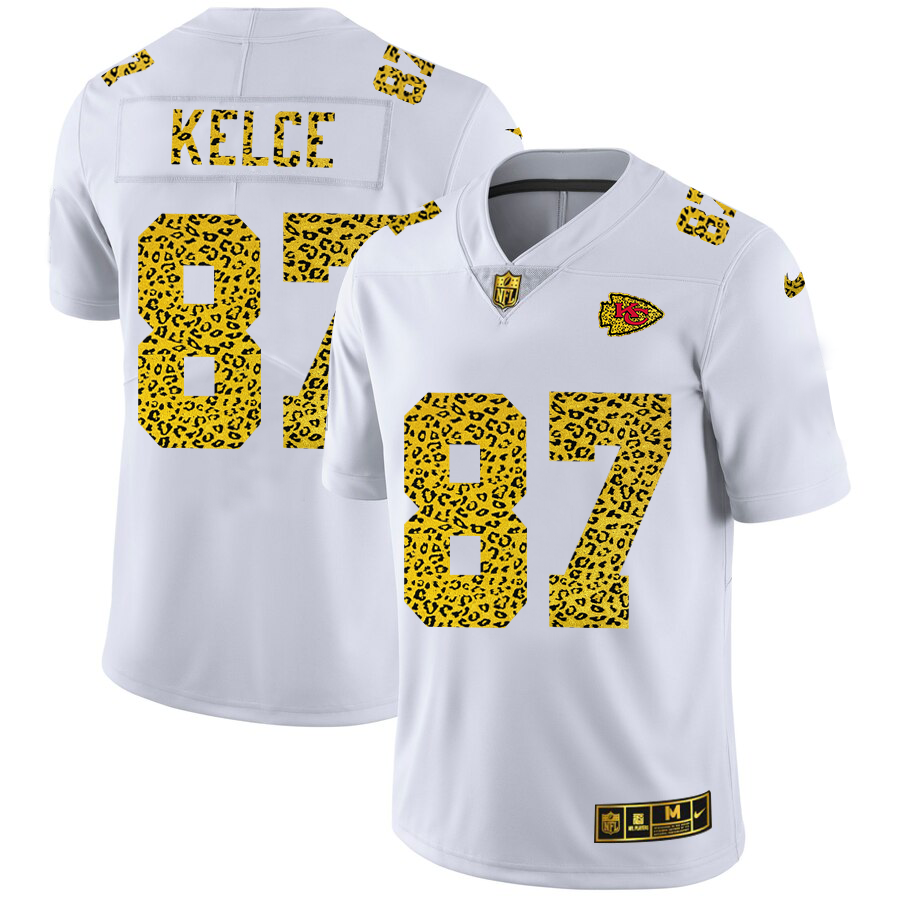 Kansas City Chiefs #87 Travis Kelce Men's Flocked Leopard Print Vapor Limited Jersey White