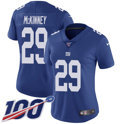 New York Giants #29 Xavier McKinney Royal Blue Team Color Women's Stitched 100th Season Vapor Untouchable Limited Jersey Womens