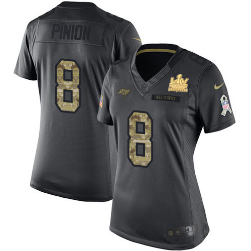 Tampa Bay Buccaneers #8 Bradley Pinion Black Women's Super Bowl LV Champions Patch Stitched Limited 2016 Salute to Service Jersey Womens