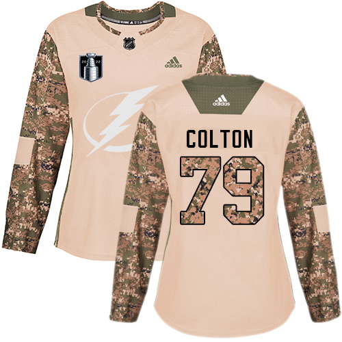 Adidas Tampa Bay Lightning #79 Ross Colton Camo Women's Authentic 2022 Stanley Cup Final Patch Veterans Day Stitched Jersey Womens