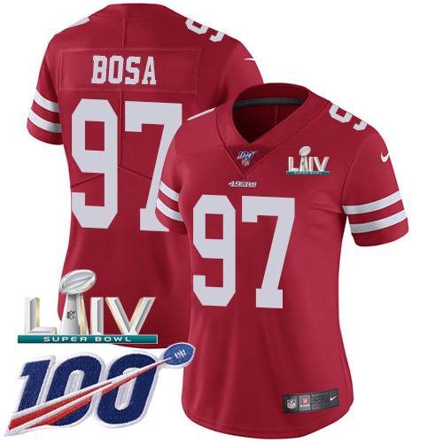 49ers #97 Nick Bosa Red Super Bowl LIV 2020 Team Color Women's Stitched 100th Season Vapor Limited Jersey
