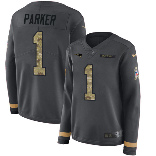 Patriots #1 DeVante Parker Anthracite Salute To Service Women's Stitched Limited Therma Long Sleeve Jersey