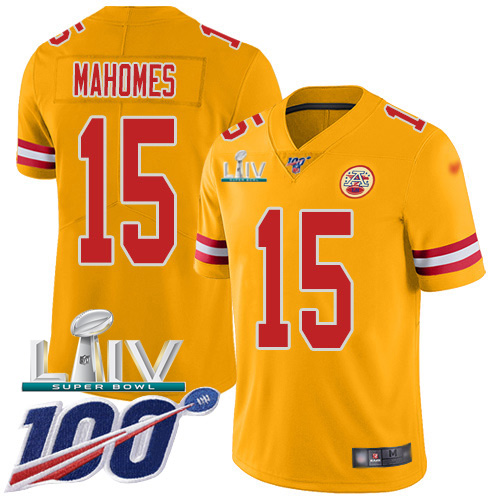 Chiefs #15 Patrick Mahomes Gold Super Bowl LIV 2020 Men's Stitched Limited Inverted Legend 100th Season Jersey