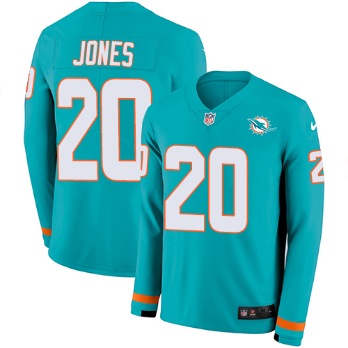 Miami Dolphins #20 Reshad Jones Aqua Green Team Color Men's Stitched Limited Therma Long Sleeve Jersey Men's