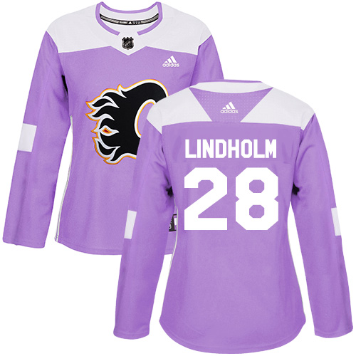 Adidas Calgary Flames #28 Elias Lindholm Purple Authentic Fights Cancer Women's Stitched Jersey Womens