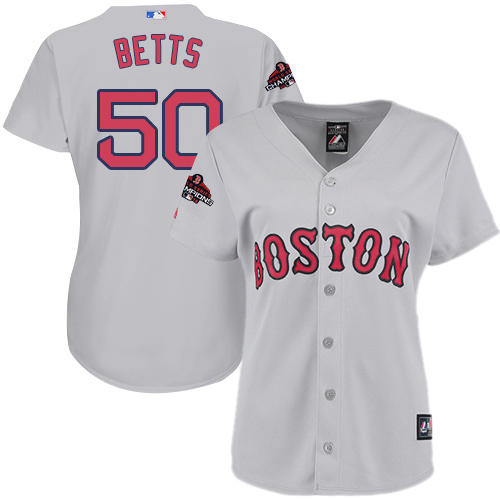 Boston Red Sox #50 Mookie Betts Grey Road 2018 World Series Champions Women's Stitched Jersey Womens