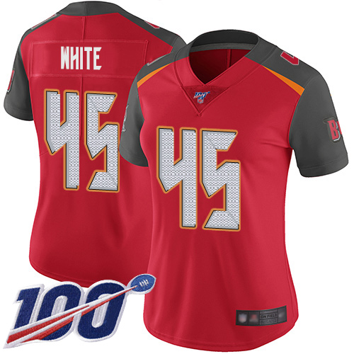 Buccaneers #45 Devin White Red Team Color Women's Stitched 100th Season Vapor Limited Jersey