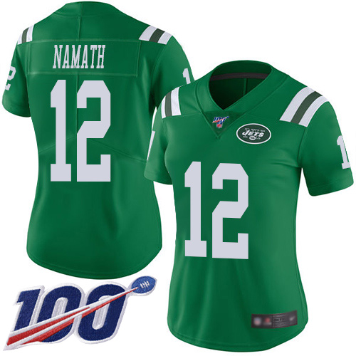 Jets #12 Joe Namath Green Women's Stitched Limited Rush 100th Season Jersey