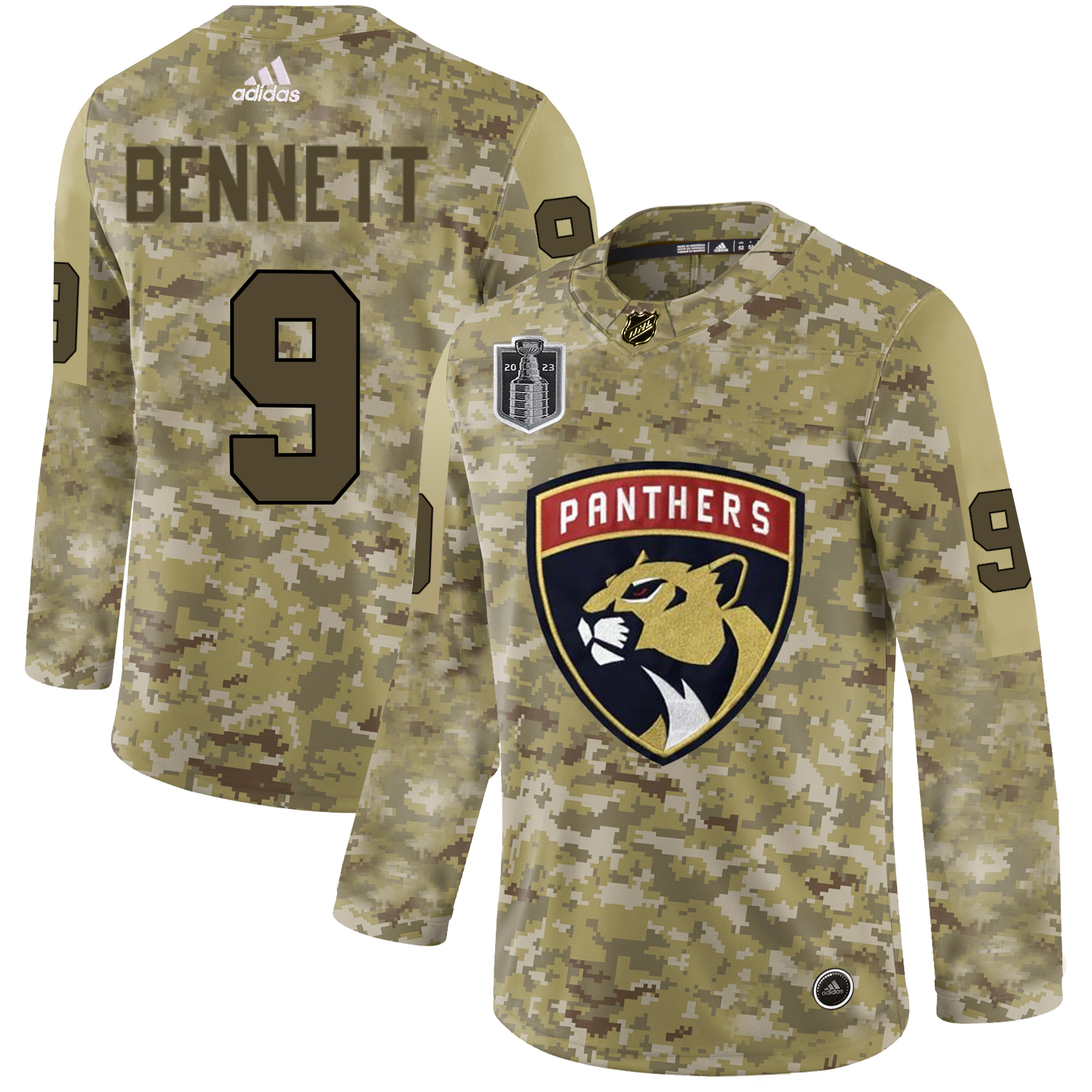 Adidas Panthers #9 Sam Bennett Camo 2023 Stanley Cup Final Patch Authentic Veterans Day Stitched Jersey