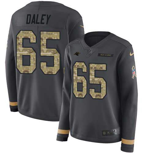 Carolina Panthers #65 Dennis Daley Anthracite Salute to Service Women's Stitched Limited Therma Long Sleeve Jersey Womens