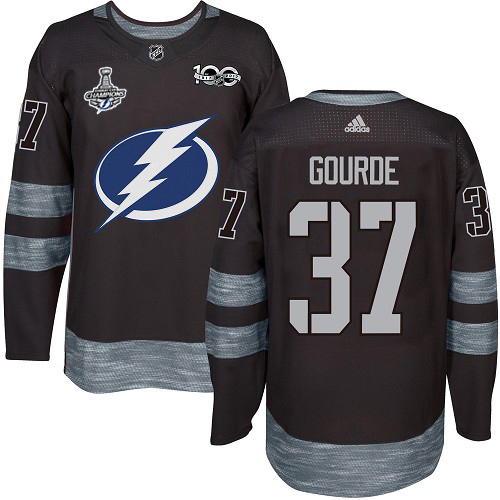 Adidas Tampa Bay Lightning #37 Yanni Gourde Black 1917-2017 100th Anniversary 2020 Stanley Cup Champions Stitched Jersey Men's