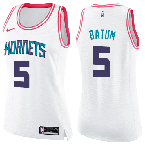 Charlotte Hornets #5 Nicolas Batum White/Pink Womens Swingman Fashion Jersey Womens