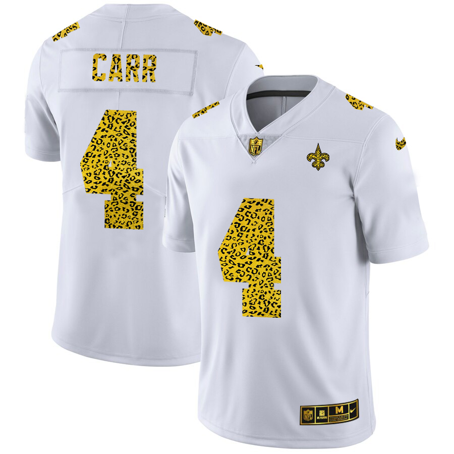 New Orleans Saints #4 Derek Carr Men's Flocked Leopard Print Vapor Limited Jersey White
