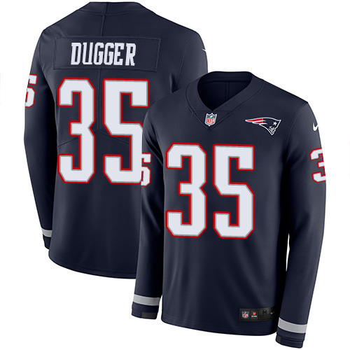 New England Patriots #35 Kyle Dugger Navy Blue Team Color Youth Stitched Limited Therma Long Sleeve Jersey Youth