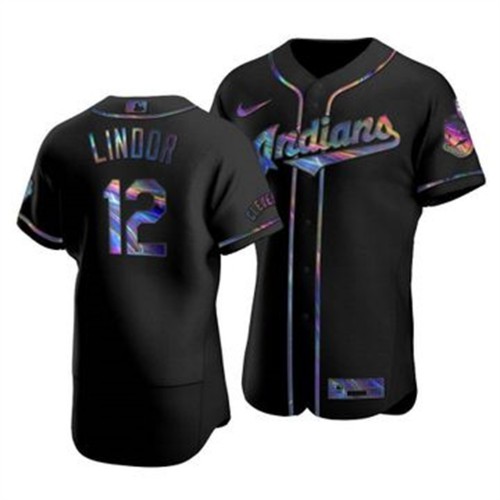 Cleveland Guardians #12 Francisco Lindor Men's Iridescent Holographic Collection Jersey - Black Men's