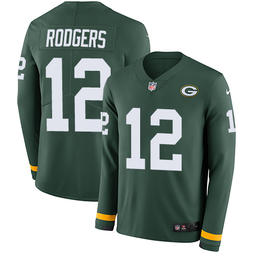 Packers #12 Aaron Rodgers Green Team Color Youth Stitched Limited Therma Long Sleeve Jersey