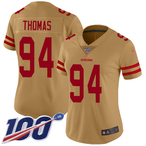 San Francisco 49ers #94 Solomon Thomas Gold Women's Stitched Limited Inverted Legend 100th Season Jersey Womens