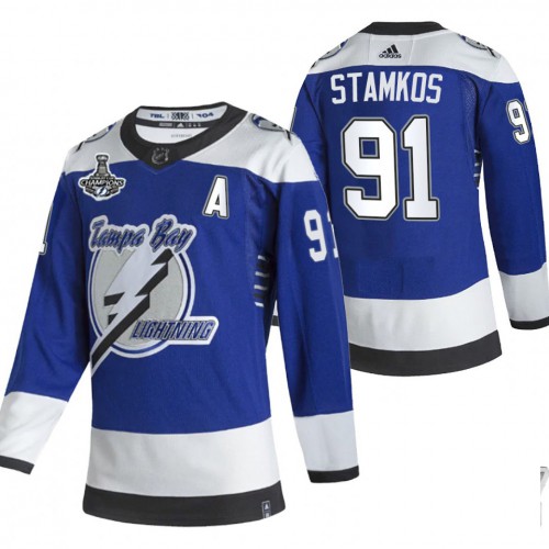 Adidas Tampa Bay Lightning #91 Steven Stamkos Blue Road Authentic 2021 Stanley Cup Champions Jersey Men's