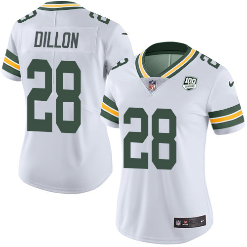 Packers #28 AJ Dillon White Women's 100th Season Stitched Vapor Untouchable Limited Jersey