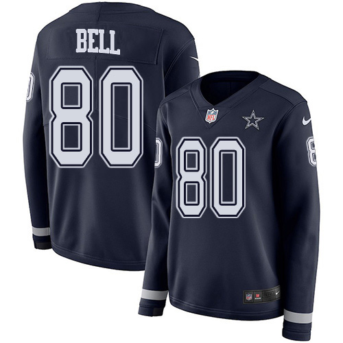 Dallas Cowboys #80 Blake Bell Navy Blue Team Color Women's Stitched Limited Therma Long Sleeve Jersey Womens