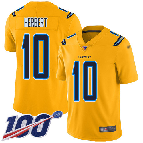 Chargers #10 Justin Herbert Gold Men's Stitched Limited Inverted Legend 100th Season Jersey
