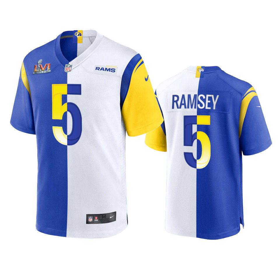 Los Angeles Rams #5 Jalen Ramsey Men's Super Bowl LVI Patch Royal White Split Game Limited Jersey