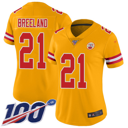 Kansas City Chiefs #21 Bashaud Breeland Gold Women's Stitched Limited Inverted Legend 100th Season Jersey Womens