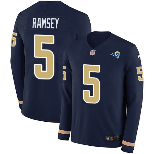 Rams #5 Jalen Ramsey Navy Blue Team Color Youth Stitched Limited Therma Long Sleeve Jersey