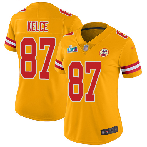 Chiefs #87 Travis Kelce Gold Super Bowl LVII Patch Women's Stitched Limited Inverted Legend Jersey