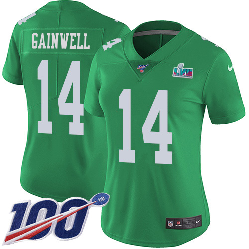 Eagles #14 Kenneth Gainwell Green Super Bowl LVII Patch Women's Stitched Limited Rush 100th Season Jersey