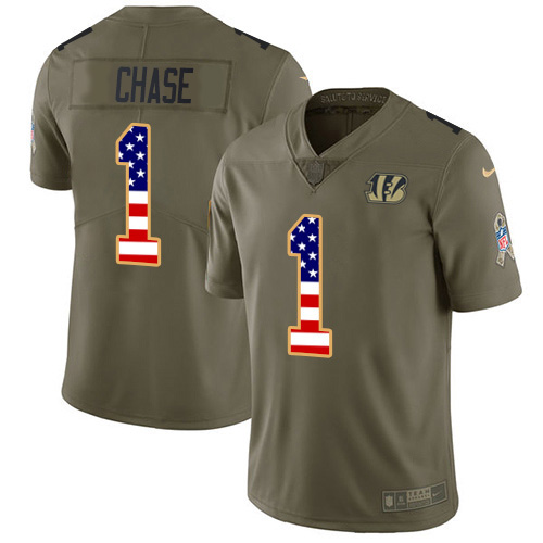 Bengals #1 Ja'Marr Chase Olive/USA Flag Youth Stitched Limited 2017 Salute To Service Jersey
