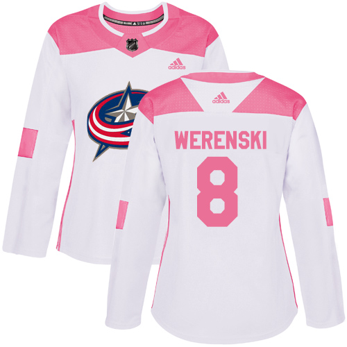 Adidas Columbus Blue Jackets #8 Zach Werenski White/Pink Authentic Fashion Women's Stitched Jersey Womens