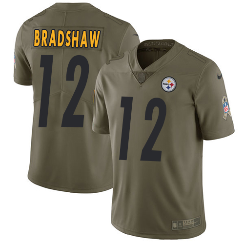 Steelers #12 Terry Bradshaw Olive Youth Stitched Limited 2017 Salute To Service Jersey