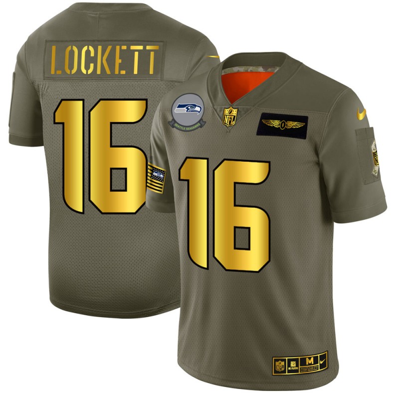 Seattle Seahawks #16 Tyler Lockett Men's Olive Gold 2019 Salute To Service Limited Jersey