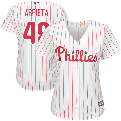 Philadelphia Phillies #49 Jake Arrieta White(Red Strip) Home Women's Stitched Jersey Womens