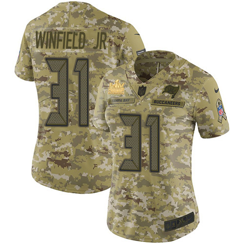 Tampa Bay Buccaneers #31 Antoine Winfield Jr. Camo Women's Super Bowl LV Champions Patch Stitched Limited 2018 Salute To Service Jersey Womens