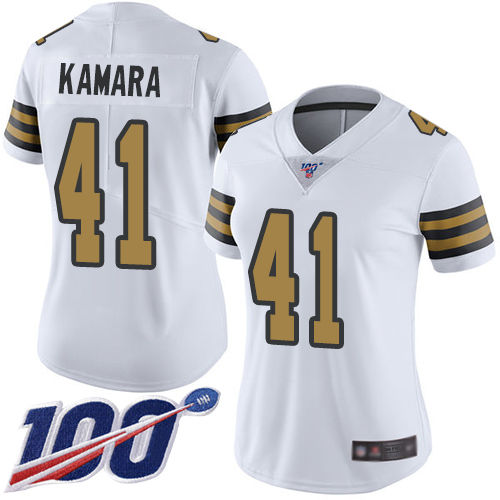 Saints #41 Alvin Kamara White Women's Stitched Limited Rush 100th Season Jersey