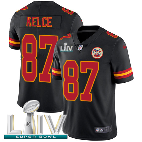 Chiefs #87 Travis Kelce Black Super Bowl LIV 2020 Men's Stitched Limited Rush Jersey