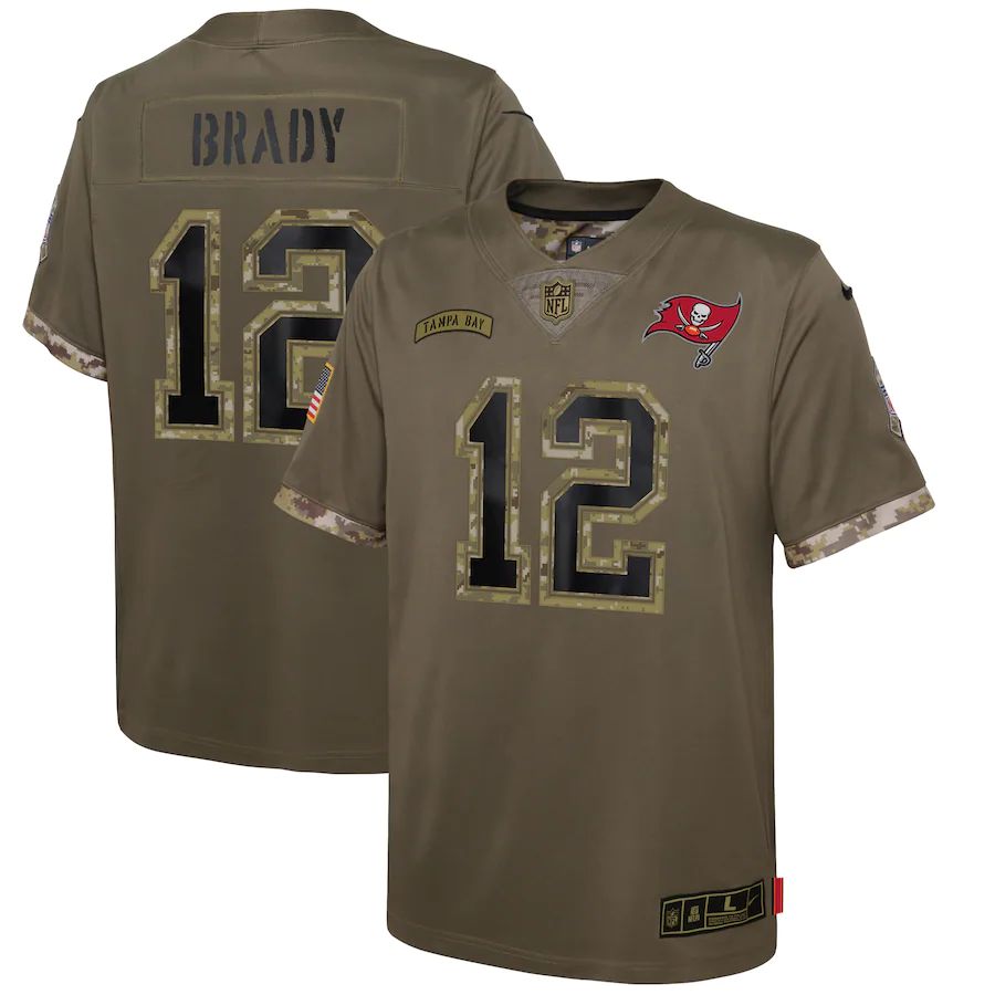 Tampa Bay Buccaneers #12 Tom Brady Youth 2022 Salute To Service Limited Jersey - Olive