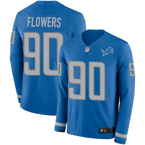 Detroit Lions #90 Trey Flowers Blue Team Color Men's Stitched Limited Therma Long Sleeve Jersey Men's