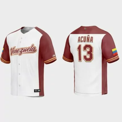 Ronald Acuna Jr. Venezuela Baseball 2023 World Baseball Classic Replica Jersey – White Burgundy