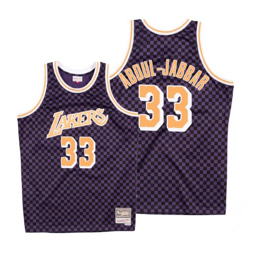 Mitchell & Ness Los Angeles Lakers #33 Kareem Abdul-Jabbar Purple Checkerboard HWC Throwback Jersey Mens