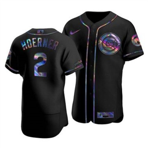 Chicago Chicago Cubs #2 Nico Hoerner Men's Iridescent Holographic Collection Jersey - Black Men's