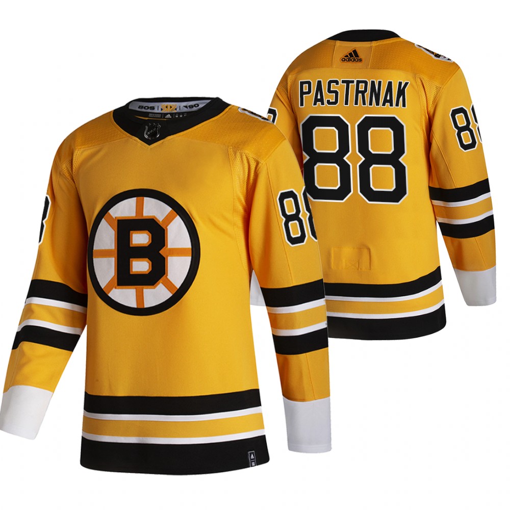 Boston Bruins #88 David Pastrnak Yellow Men's Adidas 2020-21 Reverse Retro Alternate Jersey